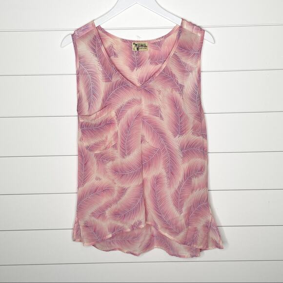 Show Me Your MuMu Tops - Show Me Your Mumu Feather Print Sheer V-Neck Tank Top Pink Size Large